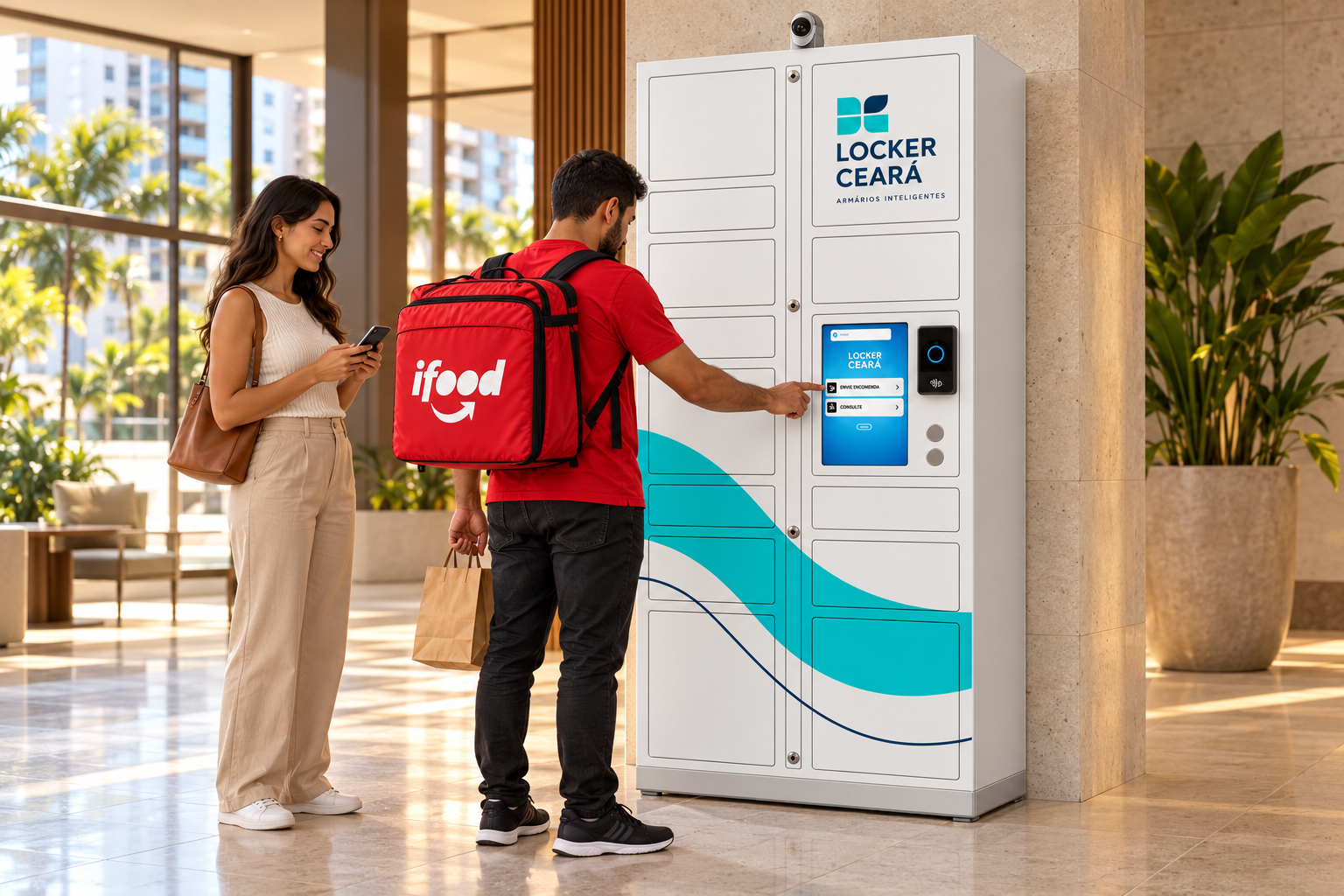 Ambientação ilustrativa de entregador de comida interagindo com a tela do locker LOCKER CEARÁ em uma recepção, com moradora ao lado